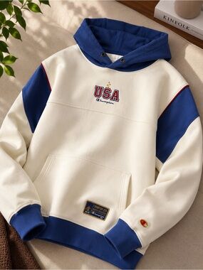 Champion USA Colorblock Pullover Hoodie in Cream and Blue